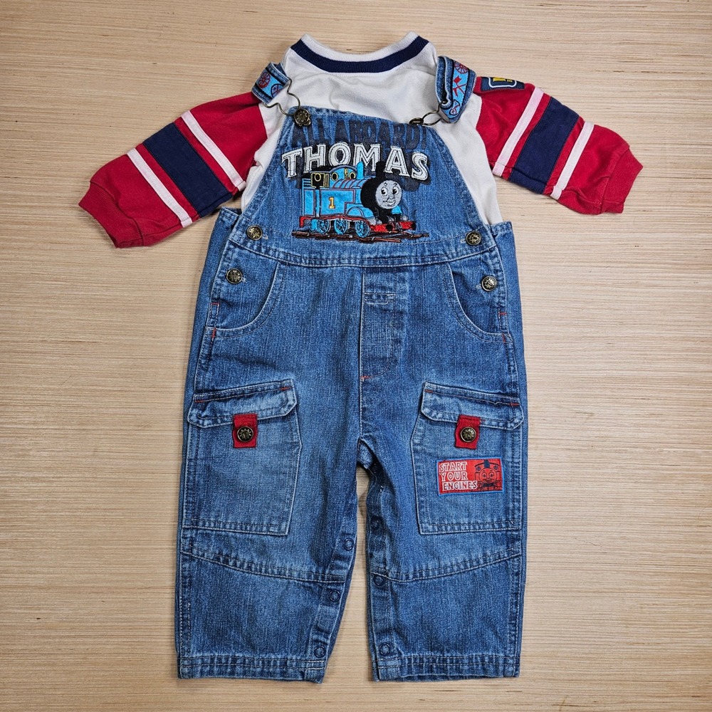Vintage Y2K Thomas & Friends Overalls Shirt Set Baby 12M Blue Denim Embroidered